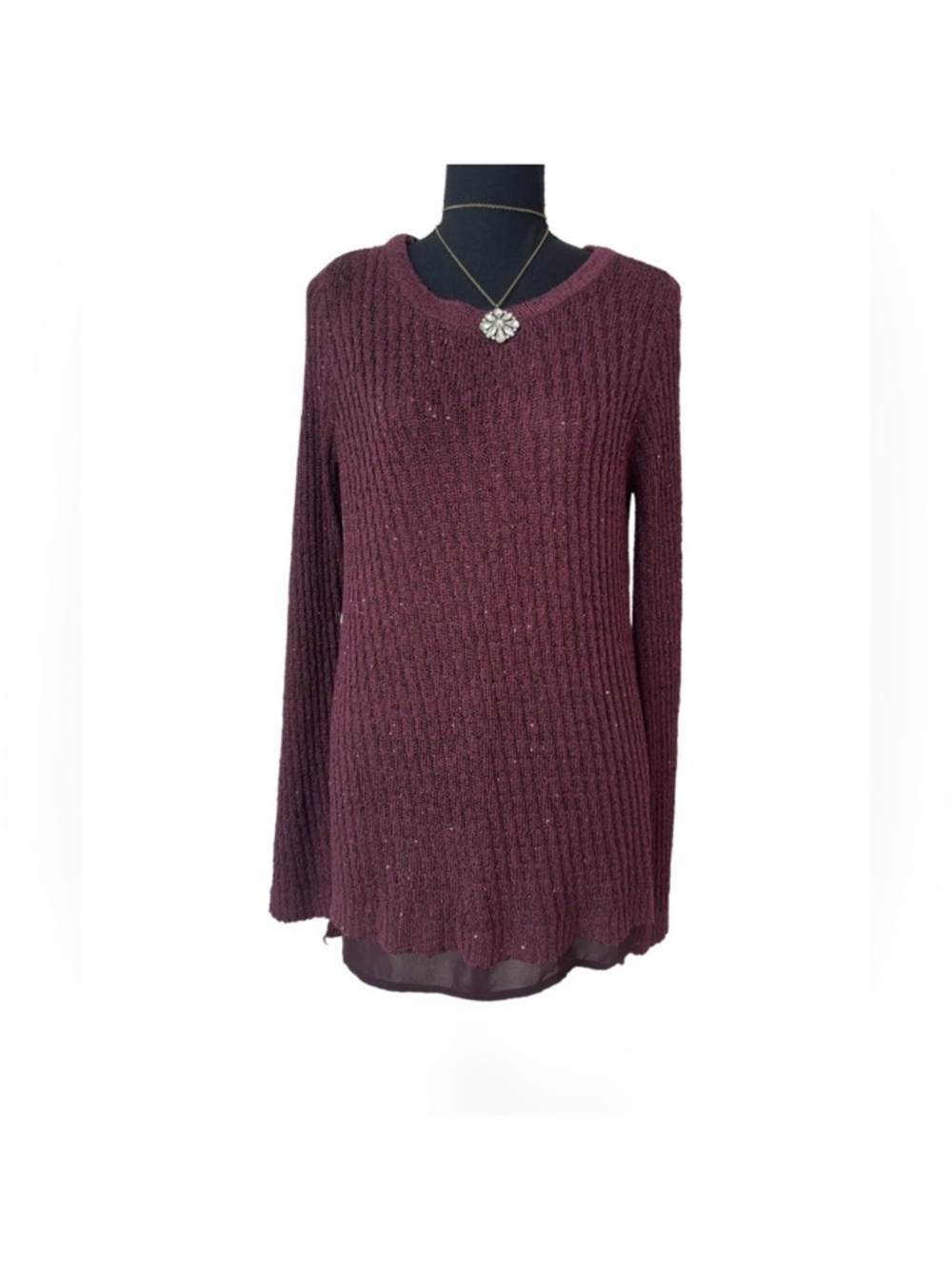 #98 APT. 9 ~ Maroon Long Sleeve Hi-Low Ribbed Knit Top Chiffon Hemline in Front